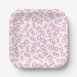 100th Party Random Number Pattern Pink/White Paper Plates