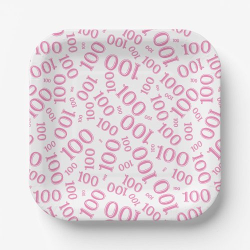 100th Party Random Number Pattern PinkWhite Paper Plates