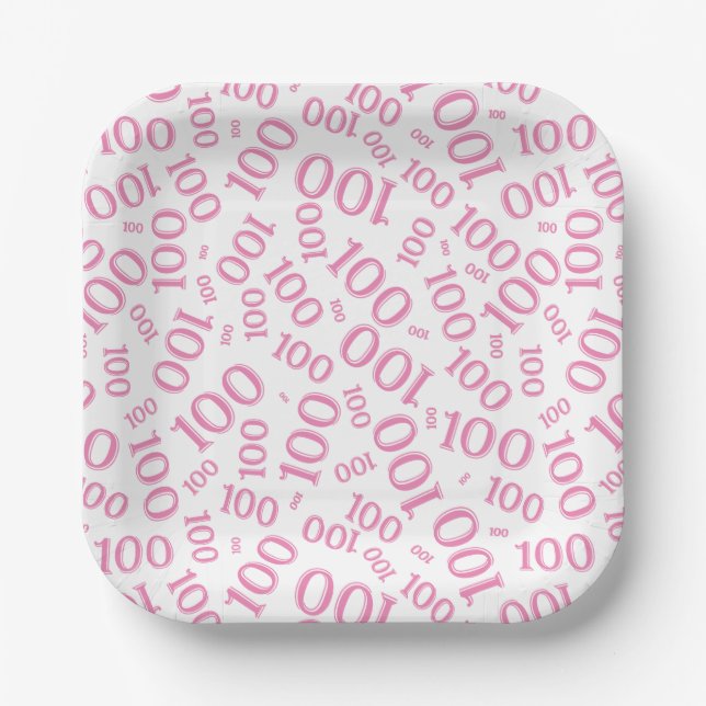 100th Party Random Number Pattern Pink/White Paper Plates (Front)