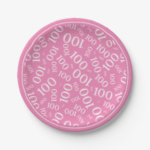 100th Party Random Number Pattern Pink/White Paper Plates