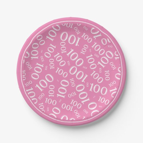 100th Party Random Number Pattern PinkWhite Paper Plates