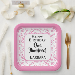 100th Party Random Number Pattern Pink/White Paper Plates