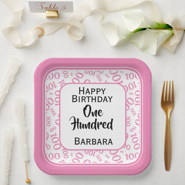100th Party Random Number Pattern Pink/White Paper Plates (Wedding)