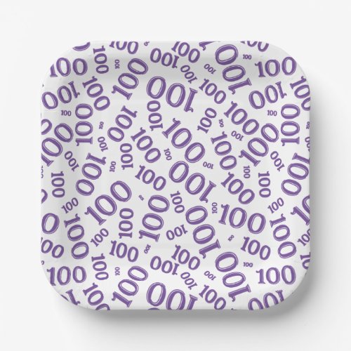 100th Party Random Number Pattern PurpleWhite Paper Plates