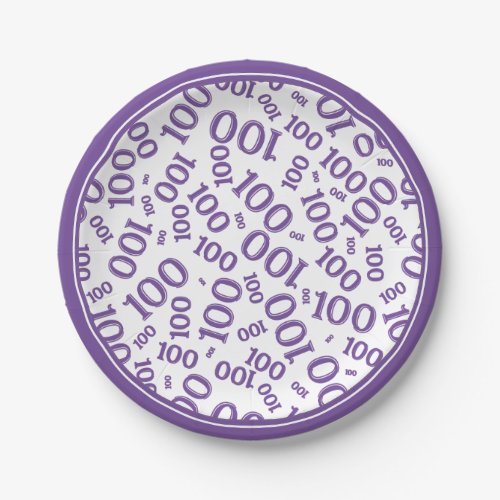 100th Party Random Number Pattern PurpleWhite Paper Plates