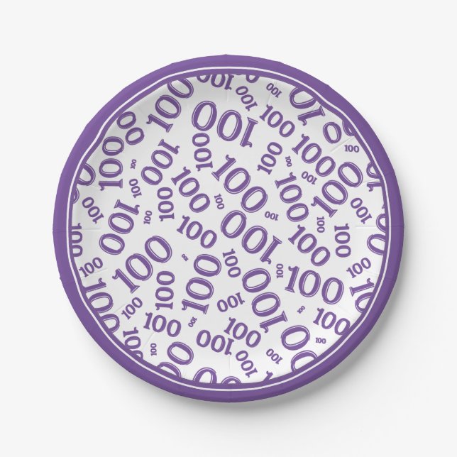 100th Party Random Number Pattern Purple/White Paper Plates (Front)