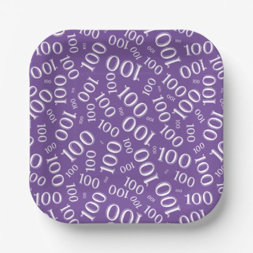 100th Party Random Number Pattern PurpleWhite Paper Plates