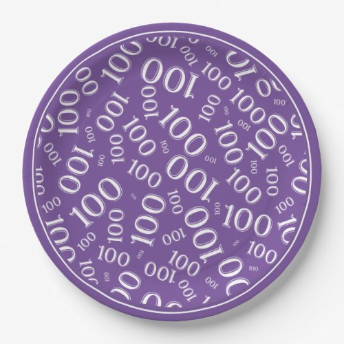 100th Party Random Number Pattern PurpleWhite Paper Plates