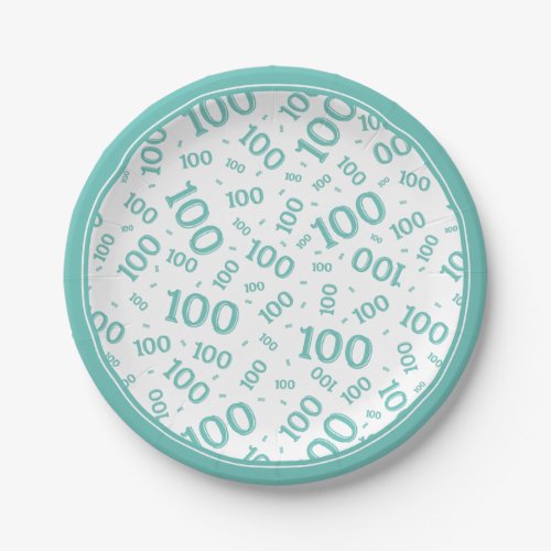 100th Party Random Number Pattern TealWhite Paper Plates