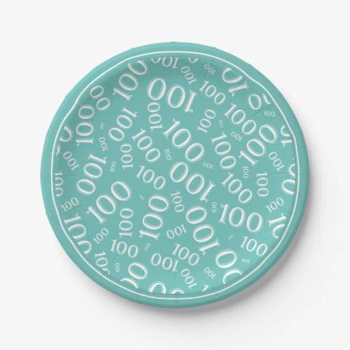 100th Party Random Number Pattern TealWhite Paper Plates