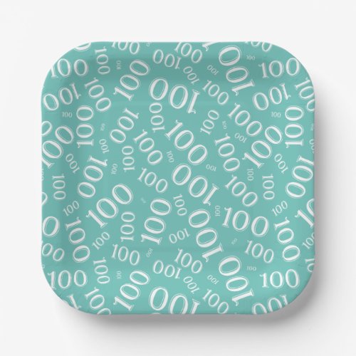 100th Party Random Number Pattern TealWhite Paper Plates