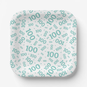 100th Party Random Number Pattern Teal/White Paper Plates