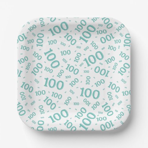 100th Party Random Number Pattern TealWhite Paper Plates