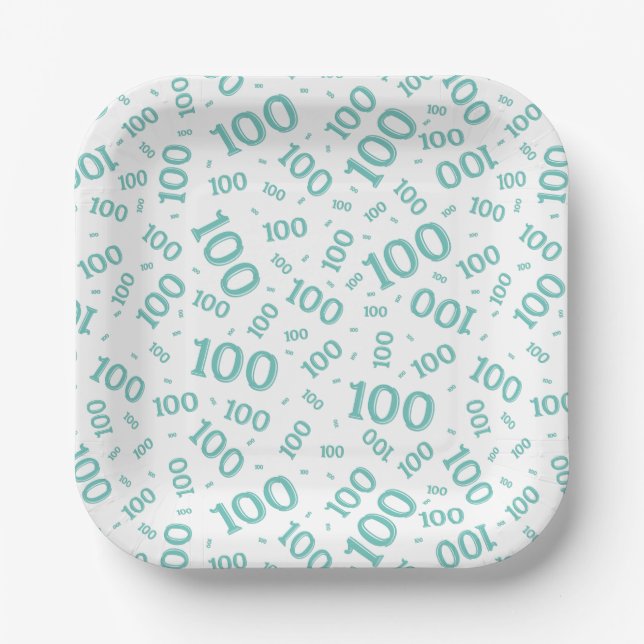 100th Party Random Number Pattern Teal/White Paper Plates (Front)