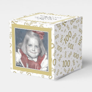 100th Photo Keepsake Gold/White  Number Pattern Favor Boxes
