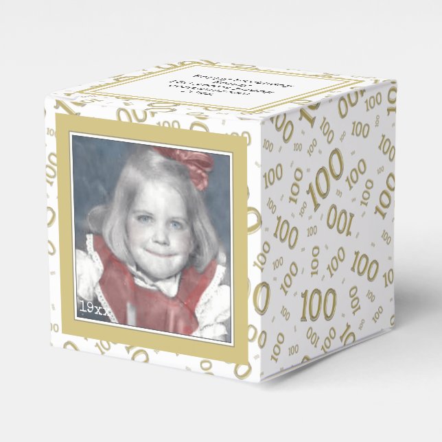 100th Photo Keepsake Gold/White  Number Pattern Favor Boxes (Front Side)