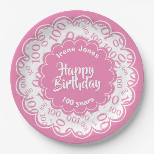 100th Pink/White Random Number Pattern Paper Plates