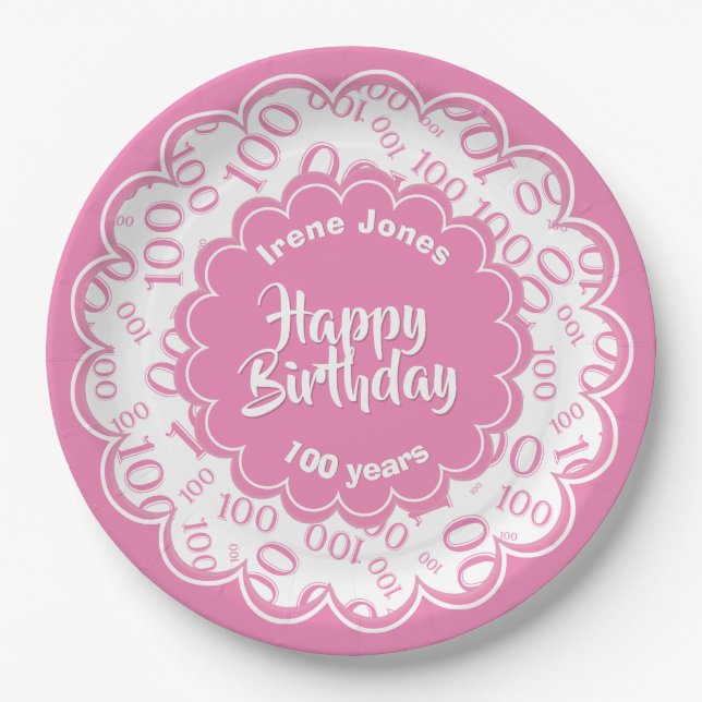 100th Pink/White Random Number Pattern Paper Plates (Front)