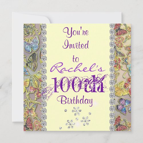100TH PURPLE BUTTERFLY Birthday Invitation BLING