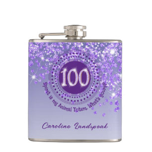 100th & Purple Glitter & Drinking Quote Flask