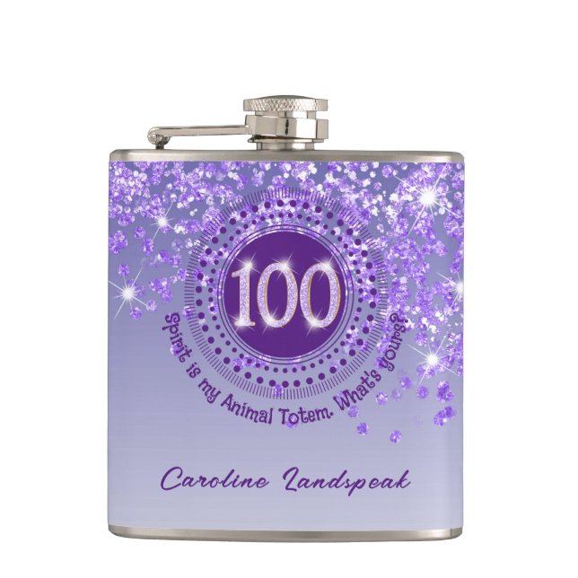 100th & Purple Glitter & Drinking Quote Flask (Front)