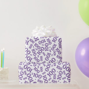 100th Purple/White Random Number Pattern Medium Wrapping Paper