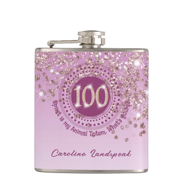 100th & Rose Gold Glitter & Drinking Quote Flask (Front)