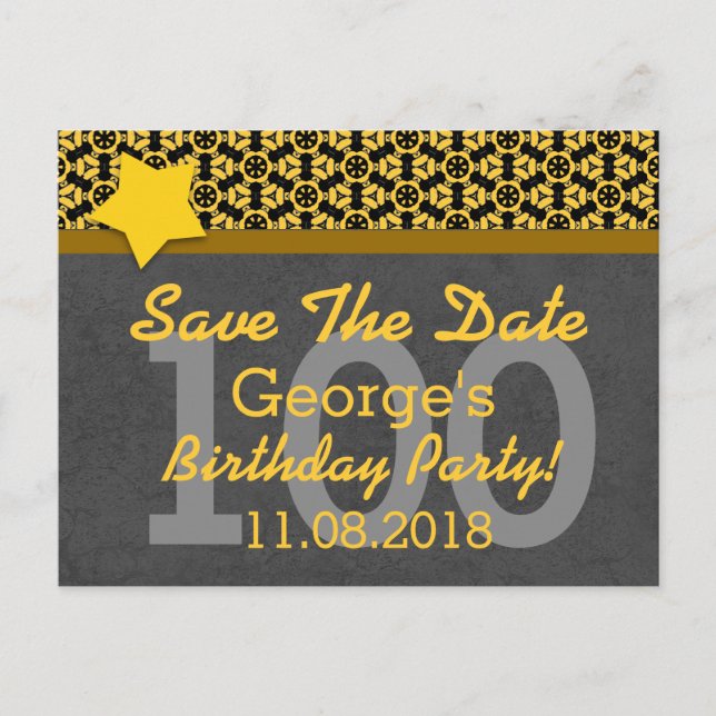 100th Save the Date Dark Gray Gold STARS G80D Announcement Postcard (Front)