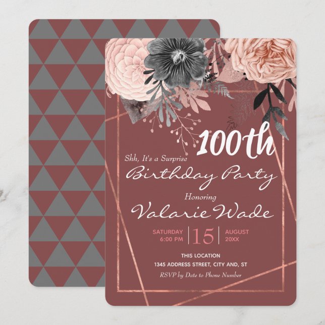 100th Suprise Birthday Party Pink Roses Invitation (Front/Back)