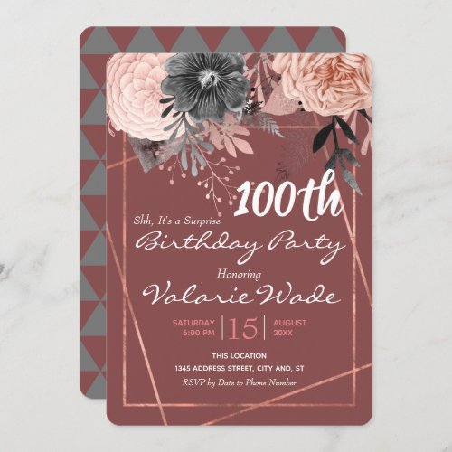 100th Suprise Birthday Party Pink Roses Invitation