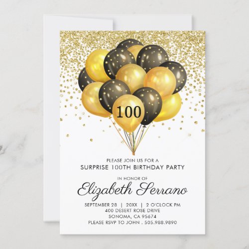 100th Surprise Birthday Party Black Gold Glitter Invitation