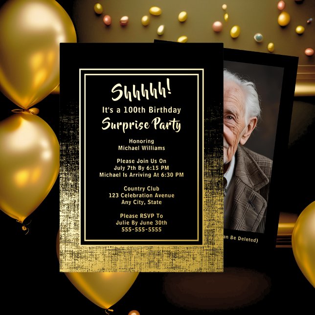100th Surprise Birthday Photo on Back Black & Gold Foil Invitation (Creator Uploaded)