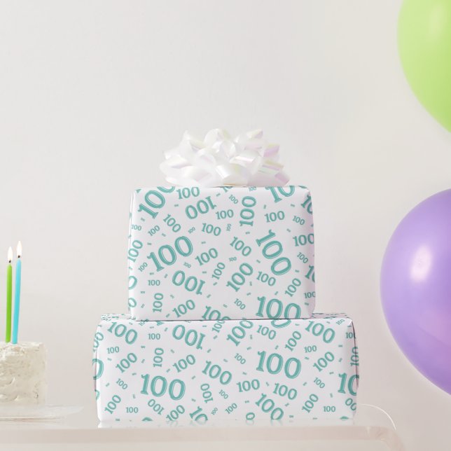 100th Teal/White Random Number Pattern Medium Wrapping Paper (Party Gifts)
