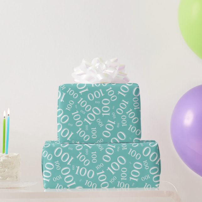 100th Teal/White Random Number Pattern Medium Wrapping Paper (Party Gifts)