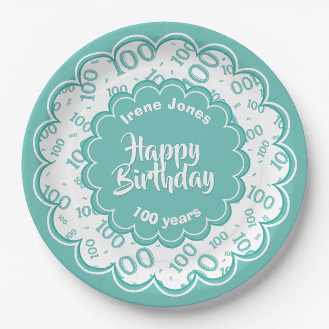 100th Teal/White Random Number Pattern Paper Plates (Front)
