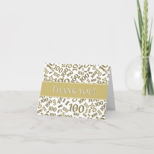 100th "Thank you!" Gold/White Number Pattern Thank You Card (Front)