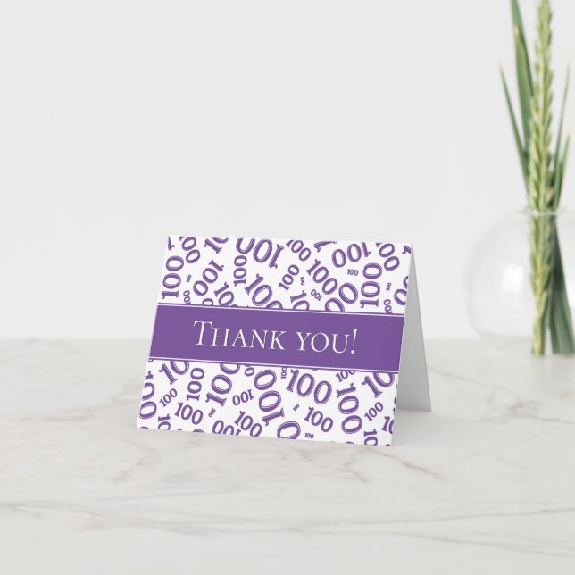 100th "Thank you!" Purple/White Number Pattern Thank You Card (Front)