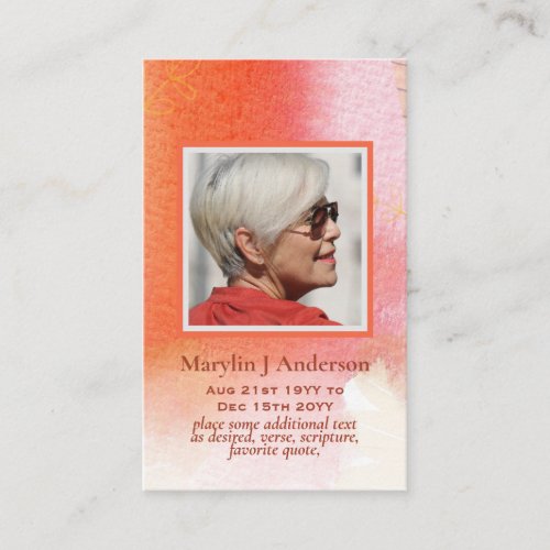 100x Arty Peach Orange PHOTO Prayer Memorial Card