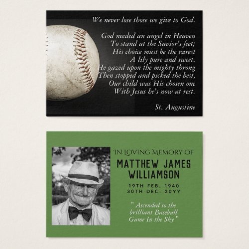 100x BASEBALL Memorial Prayer Card Photo and Verse