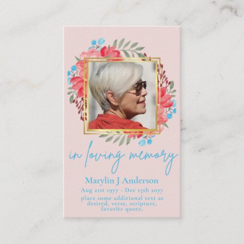 100x Blue Peach Floral PHOTO Prayer Memorial Card