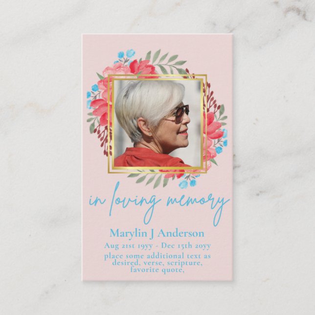 100x Blue Peach Floral PHOTO Prayer Memorial Card (Front)