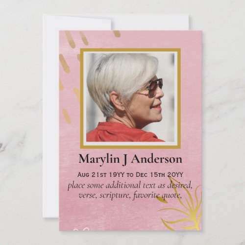 100x Elegant Pink Gold  PHOTO Prayer Memorial Card