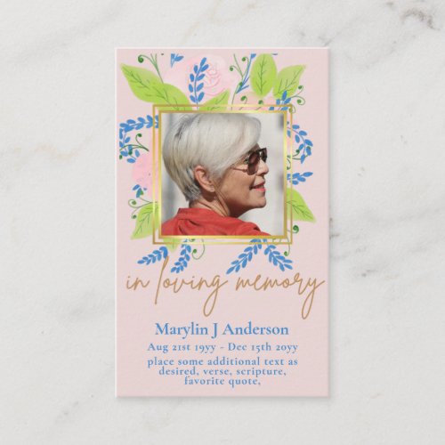 100x Pretty Blue Floral PHOTO Prayer Memorial Card