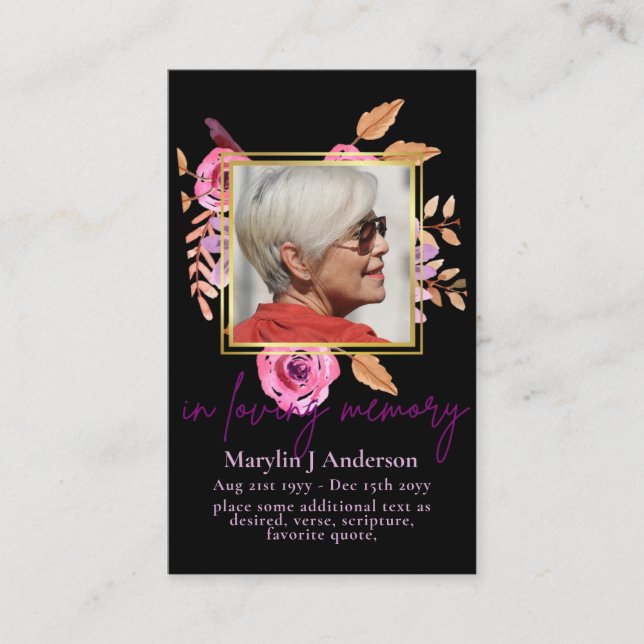 100x Pretty Floral PHOTO Prayer Memorial Card (Front)