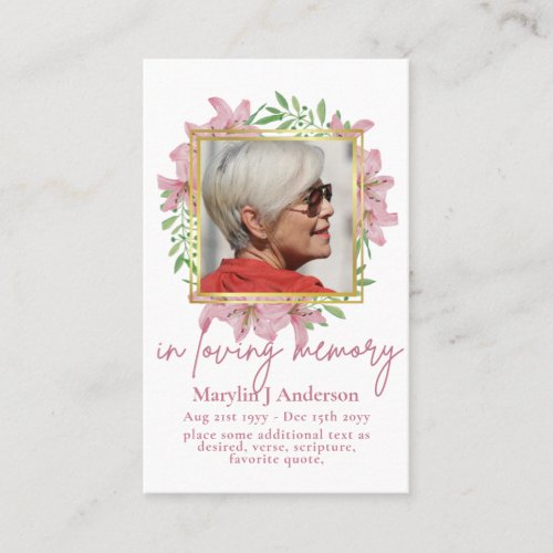 100x Pretty Floral PHOTO Prayer Memorial Card