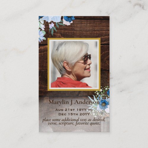 100x Rustic Blue Flora  PHOTO Prayer Memorial Card