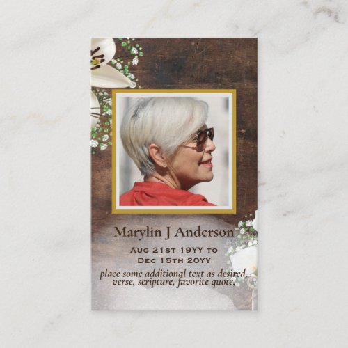 100x Rustic Calla Lily  PHOTO Prayer Memorial Card