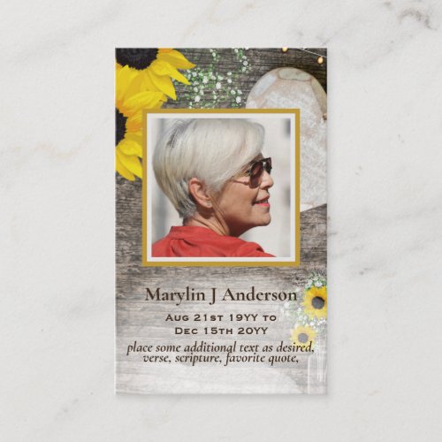 100x Rustic Sunflowers  PHOTO Prayer Memorial Card