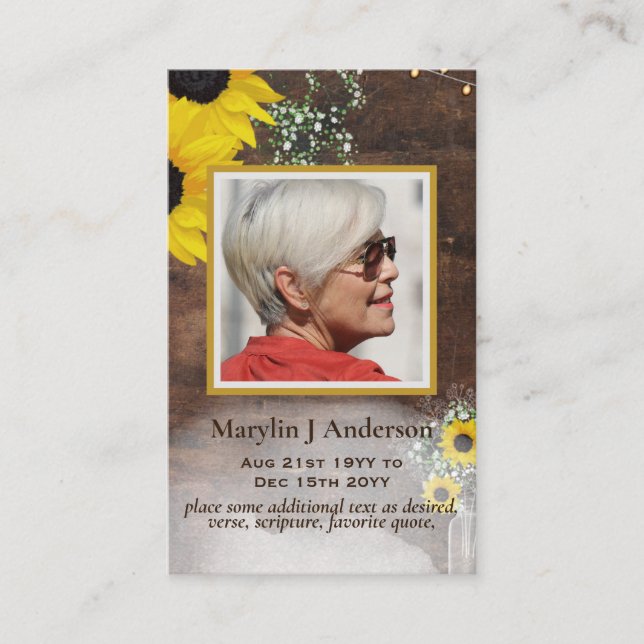 100x Rustic Sunflowers  PHOTO Prayer Memorial Card (Front)