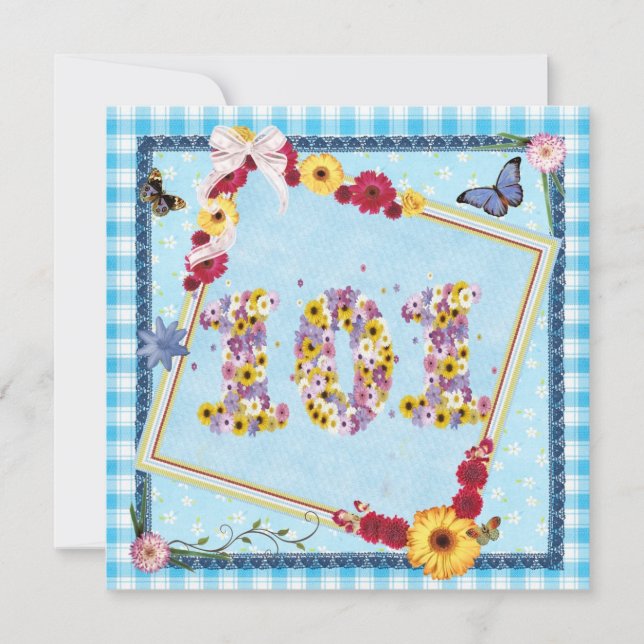 101 Birthday party Invitation flowers,butterflies (Front)